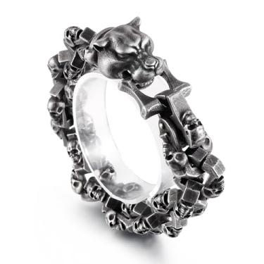 Imagem de Klapgo Pulseira de aço inoxidável gótica com caveira ligada a corrente vintage rock gótico para homens com cabeça de tigre