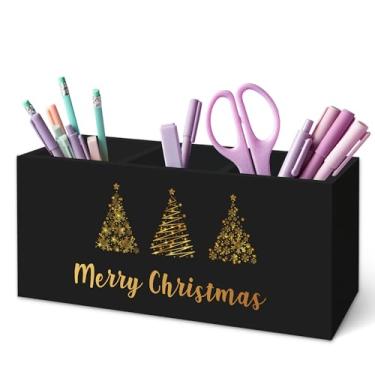 Imagem de TWRVI Suporte de caneta de árvore de Natal para mesa, decoração de escritório de Natal, árvore de Natal dourada de inverno, suporte de lápis de madeira para casa, escritório, acessórios de mesa