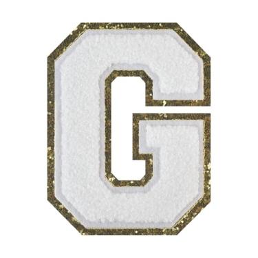 Imagem de 1 PÇ Patch de letra de chenille de ferro branco de 11,4 cm com borda dourada – Remendos do alfabeto para roupas, jaquetas, mochilas, chapéus para decoração personalizada, nome personalizado e