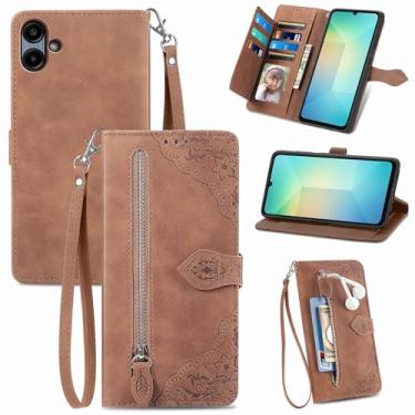 Imagem de Furiet Capa carteira para Samsung Galaxy A06 5G com cordão de pulso, estampa de flor, bolso de couro, flip para cartão, suporte, acessórios para celular, capa para celular Ao6 A 06 4G LTE marrom