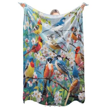 Imagem de zbezbe Manta de flanela colorida de pássaro canoro e flor de cerejeira cobertores de natureza vibrante leve e macio para festa, cadeira, cama, sofá, acampamento, viagem, decoração de primavera para