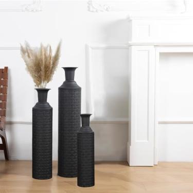 Imagem de NowDoWin Conjunto de 3 vasos pretos grandes para decoração de casa grande para grama dos pampas, material de metal, padrão de vime feito à mão, preto fosco