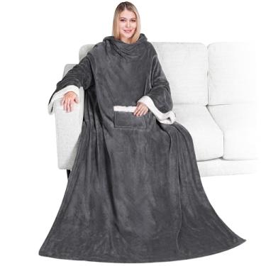 Imagem de PAVILIA Cobertor de lã com mangas para mulheres, homens e adultos, cobertor de pelúcia quente e macio, envoltório de TV com manga de bolso, aconchegante elefante branco, ideias de presentes para mãe e