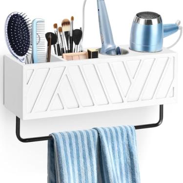 Imagem de Organizador de ferramentas de cabelo, suporte de secador de cabelo com barra de toalha, organizador de ferramentas quentes de madeira, organizador de banheiro rústico para decoração de banheiro