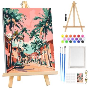 Imagem de RICUVED Kit de pintura por números para adultos iniciantes emoldurado com cavalete de madeira, kits de pintura por número para adultos cenário urbano em tela, pintura a óleo acrílica fácil DIY por