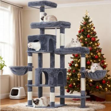 Imagem de Hey-brother Torre de árvore para gatos, postes arranhadores com uma parte estendida, plataformas amplas, condomínios aconchegantes, redes, colunas de sisal e bola para gatos internos, 177 cm, cinza