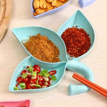 Imagem de Molho em forma de folha, 3 compartimentos, recipiente de imersão dividido, suporte de aperitivo, tigelas de molho com design de vários compartimentos para mesa de jantar de condimentos