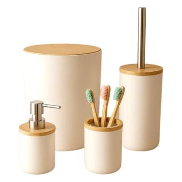 Imagem de Kit Banheiro 4 Peças com Tampa de Bambu – Lixeira, Escova Sanitária, Porta Escova e Dispenser para Sabonete Líquido(Kit 4 peças Preto QUADRADO)
