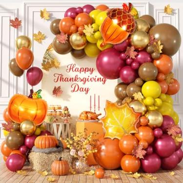 Imagem de Kit de arco de guirlanda de balão de outono, 129 peças de balões de ouro laranja amarelo vinho vermelho marrom folha de bordo pinhas balões de folha de abóbora para decoração de festa de Ação de