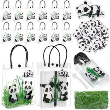 Imagem de Sweetude Sacos de bambu panda com etiquetas e fragmentos de papel de ráfia, sacos de presente de PVC transparente de bambu com alças para presente de lembrancinhas de festa (12 peças, Panda)