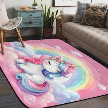 Imagem de Tapete de área para sala de estar, lavável à máquina, arco-íris, rosa, unicórnio, tapete antiderrapante, tapete macio para sala de estar, quarto, sala de jantar, berçário, cozinha, decoração de casa