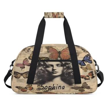 Imagem de Bolsa esportiva personalizada, borboleta, feminina, retrô, colorida, com nome, bolsa de festa do pijama, bolsa de fim de semana, bolsa de treino para dança, balé, academia, ginástica, mala de viagem
