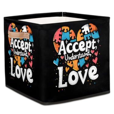 Imagem de hongjinglin Cestos dobráveis de armazenamento de cubo artístico, autismo, amor, coração, caixotes dobráveis para crianças, brinquedo com alças, organizador de tecido, cesto organizador para berçário