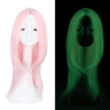 Imagem de Orgwigs Peruca de cabelo liso brilhante no escuro de 61 cm, cor rosa, aparência natural, parte do meio, perucas sintéticas longas para uso em festas de cosplay
