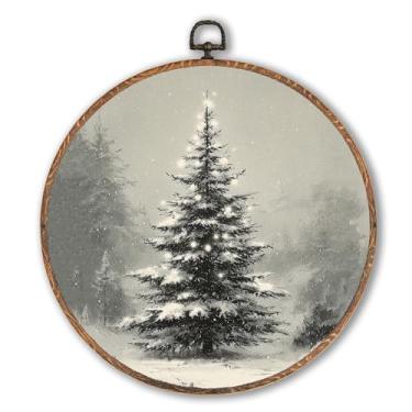Imagem de Hxlac Arte de parede redonda de árvore de Natal rústica emoldurada, paisagem de neve de inverno decoração de parede redonda, estampa em tela para pendurar no inverno Cottagecore para decoração de casa