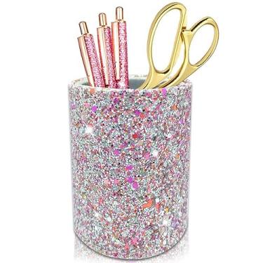 Imagem de BIKCZEWIN Suporte de caneta para mesa, copo de lápis de couro sintético com glitter, materiais de escritório e acessórios para mulheres e meninas, porta-pincéis de maquiagem de luxo, copo organizador
