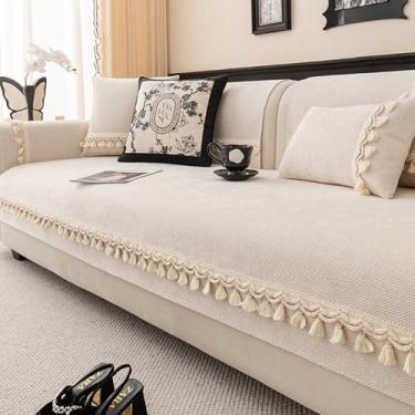 Imagem de Capa de sofá com espreguiçadeira de 3 lugares, capas de sofá antiderrapantes para conjunto de sofá secional com decorações de borla bege 110 x 110