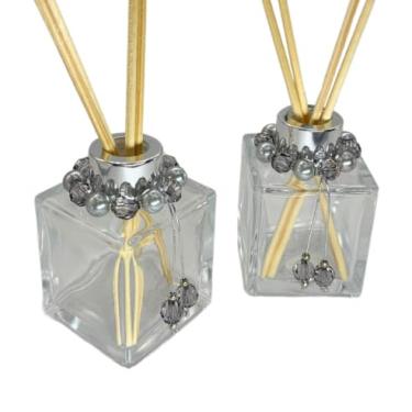 Imagem de Kit 4 Frascos de Vidro Cubo 100ml para Difusor de Ambiente Luxo com Pingentes Decorativos e 16 Varetas – Tampas Douradas, Prata, Rose ou Preto(PRATA)