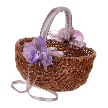 Imagem de Esquirla Cesta de daminha de honra em imitação de vime com alça, organizador, cesta de, recipiente para doces, decoração de festas e atividades ao, com Flor Violeta
