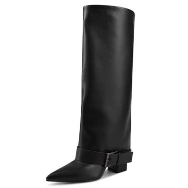 Imagem de GPXGPX Botas de cano alto femininas dobráveis, salto alto grosso, panturrilha, bico fino, fivela de cinto, bota longa para mulheres, Preto, 40
