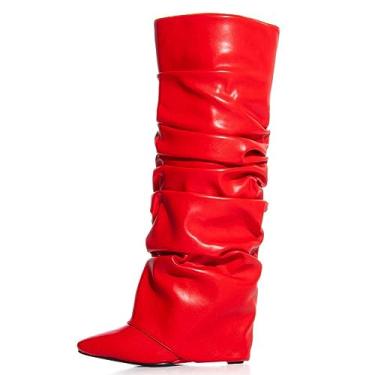 Imagem de Yishaweiqi Botas femininas dobradas franzidas despojadas com salto cunha de couro envernizado, cano alto, bico fino, botas casuais, Vermelho, 37