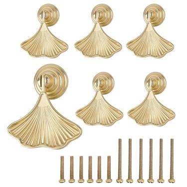 Imagem de RiseDirectly 6 conjuntos de puxadores de folha de ginkgo puxadores dourados de liga de zinco puxadores em forma de folha com parafusos para guarda-roupa, cômoda e armário, cozinha, quarto, móveis