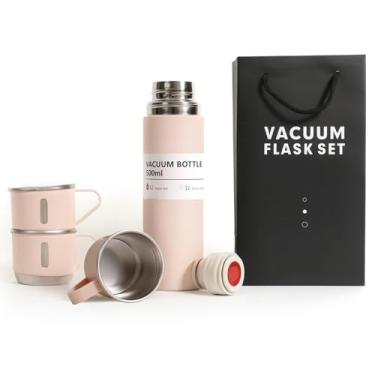 Imagem de Conjunto de frascos de vácuo rosa, garrafa de água isolada de aço inoxidável com 3 xícaras, garrafa térmica de café para bebidas quentes e frias, copo térmico reutilizável para viagens de acampamento