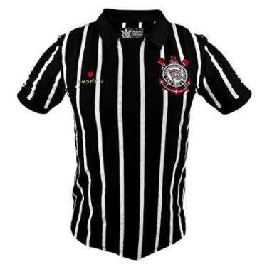 Imagem de Camiseta Corinthians Retrô Mundial Japão Polo Listrada Preta-Masculino