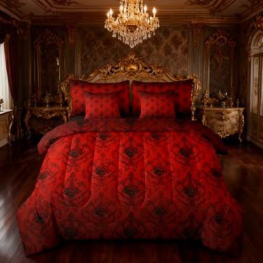 Imagem de Erosebridal Conjunto de cama casal damasco preto - cama preta e vermelha em uma bolsa, conjunto de edredom floral vitoriano com lençóis, decoração boêmia, conjunto de cama de 7 peças, decoração de