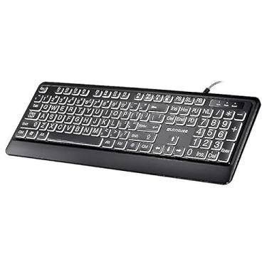 Imagem de Teclado USB com Iluminação Letras Grandes LED Branco Iluminado 104 Teclas Completas Numérico Atalhos Multimídia Brilho Ajustável para Idosos Pessoas Deficiência Visual Escolas Bibliotecas