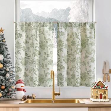 Imagem de Cortinas jinchan Floral Linen Tier 36 cm Farmhouse Cafe Green