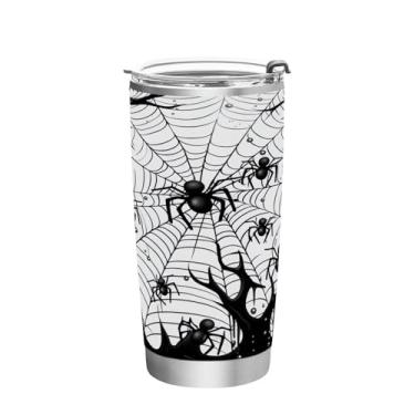 Imagem de Wassud Copo de fundo de teia Happy Halloween com tampa e canudo de aço inoxidável de parede dupla copo isolado copo de viagem caneca de café para bebidas frias e quentes 350 ml