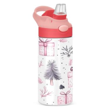 Imagem de YETTASBIN Caixa de presente de árvore de Natal para crianças, garrafa de água de aço inoxidável isolada de parede dupla à prova de vazamento, copo de viagem com tampa de canudo para meninas, meninos e