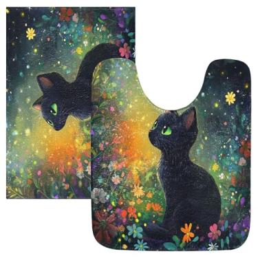 Imagem de Burbuja Conjunto de tapete de banheiro de gato preto, tapete de banho absorvente de pelúcia macio, base de vaso sanitário antiderrapante para banheiro