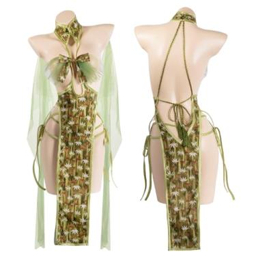 Imagem de SENJIY Vestido sexy Cheongsam para mulheres, lingerie, roupa de festa, floral, cosplay, fantasia, estilo chinês, Qipao, colado ao corpo, camisola chemise anime, babydoll, capa rodada, fio dental verde