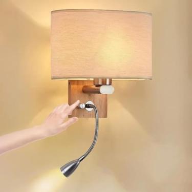 Imagem de Luminária de parede de madeira com interruptor, giro de 360°, braço flexível com cúpula de tecido, iluminação interna, soquete E27, arandela moderna com 2 lâmpadas para corredor, quarto e sa
