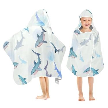 Imagem de Burbuja Toalha de banho com capuz de tubarão em aquarela para crianças, toalha de praia de pelúcia macia absorvente para meninas e meninos 3-10 anos, 61 x 127 cm