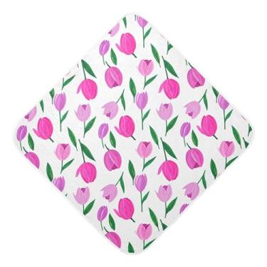 Imagem de Burbuja Toalha de banho de bebê Pink Tulips - Toalha com capuz de musselina macia e absorvente para recém-nascidos, 89 x 89 cm