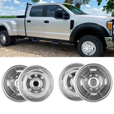 Imagem de Wensdy 4Pcs 17" Polido Aço Inoxidável Simuladores de Roda Dupla Capa 8 Lug 4 Furos de Mão Calotas Adequado para 2005-2021 Ford F350 W/Installation Tool Kit C17A8