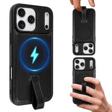 Imagem de AIGOMARA Capa magnética de couro para iPhone 17 Pro Max com alça de dedo, compatível com Magsafe, capa de telefone fina de poliuretano de luxo, antiderrapante, resistente, à prova de choque, preta