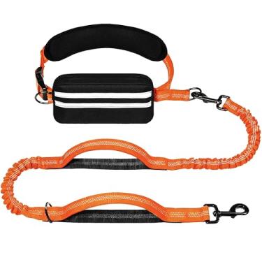 Imagem de LIEVUIKEN Coleira para cães mãos livres com bolsa com zíper, correia de corrida para passear com cães, cinto ajustável para cães grandes, design elástico reflexivo com duas alças para caminhadas