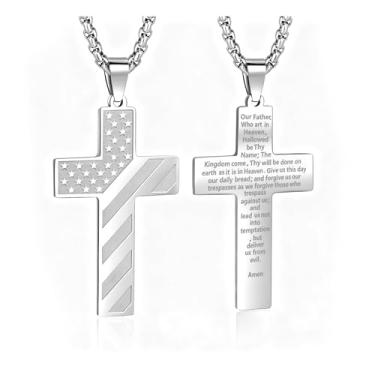 Imagem de AMAZINGSUN Colar de cruz com bandeira americana para homens, corrente de pingente de aço inoxidável com versículo da Bíblia, corrente de pingente de batismo, primeira comunhão, presentes, Large, Aço