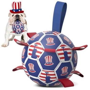 Imagem de Diman Bola de futebol de brinquedo para cães: brinquedos para cães ao ar livre, presente de dia da independência do cão, bola de futebol para cães com alças para cabo de guerra, presente de