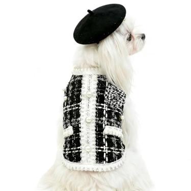 Imagem de Roupas de luxo para cães, ternos de tweed e chapéu de boina, casaco preto quente para animais de estimação, colete vintage, fantasia de artista de gato, roupas de festa cosplay para cães pequenos e