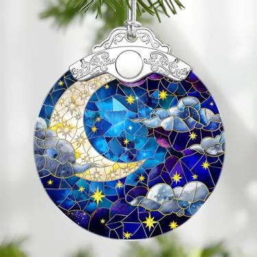 Imagem de Enfeite de vitral lua e estrela, enfeites de Natal – decorações de árvore de Natal, decoração de férias, material de meias, ideia de presente, presentes para amantes de astronomia, amigos e familiares