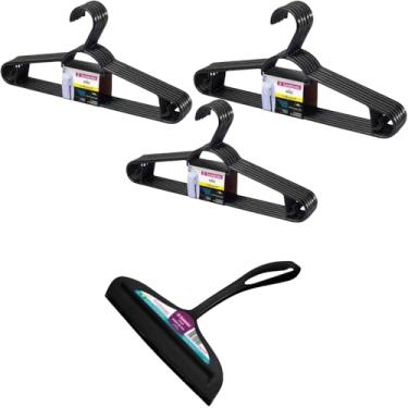 Imagem de Conjunto de 1 Rodo Plástico Multiuso Preto com Raspador 18cm + 3 Cabide Plástico Adulto Roupas Médias – Leve 6 Pague 5