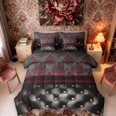 Imagem de Jogo de cama casal damasco vermelho e edredom | Decoração vitoriana gótica vintage floral, 7 peças, estampa de diamante negro, cama boêmia em uma bolsa, decoração de quarto gótico barroco