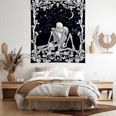 Imagem de Tapeçaria de 200 x 149 cm, tapeçaria de decoração de parede, esqueleto gótico preto - tapeçaria estética para decoração de quarto e sala de estar