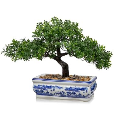 Imagem de Bonsai artificial com vaso de porcelana azul e branco, bonsai de pinheiro falso para decoração de mesa de escritório em casa, decoração de mesa zen oriental, planta de bonsai falso para sala de estar
