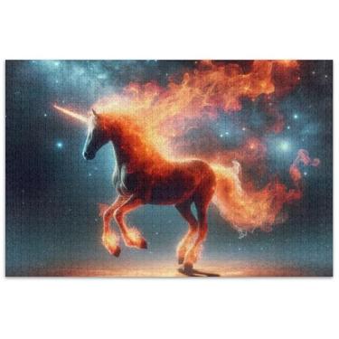 Imagem de Quebra-cabeça adulto unicórnio em chamas no espaço, 500 peças, pintura de arte floral, quebra-cabeça grande, família, presentes para amantes